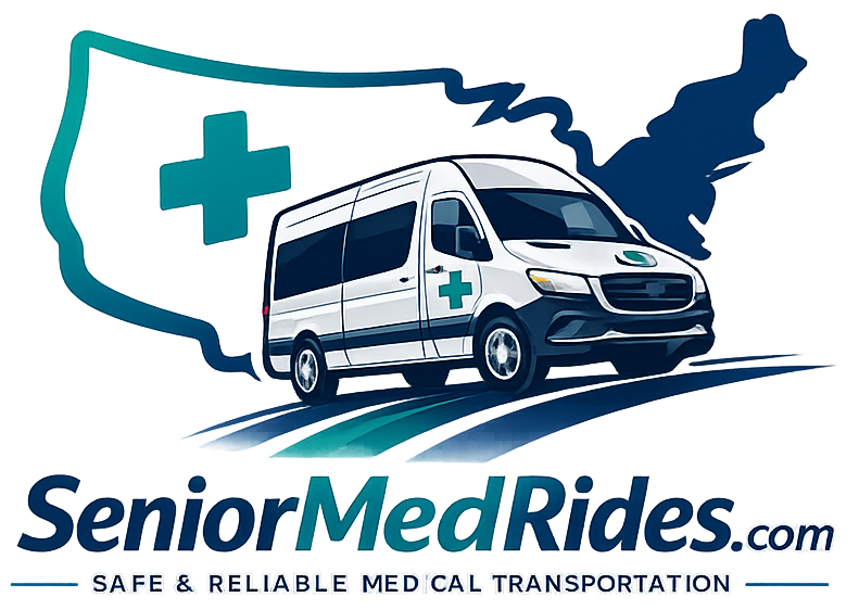 SeniorMedRides dot com main logo of USA map with transport vehicle